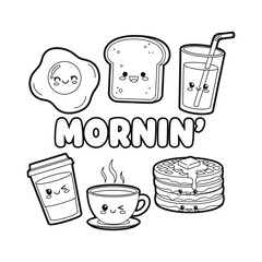 Outlined breakfast food and drink set with Mornin text