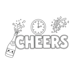 Party celebration with popping champagne bottle clock and CHEERS text for coloring