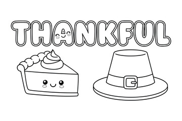 Thankful lettering with happy pie slice and pilgrim hat line drawing