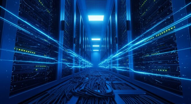 Futuristic blue data center server room with glowing lights and cables