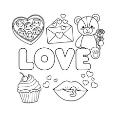 Valentine's Day coloring page with romantic symbols