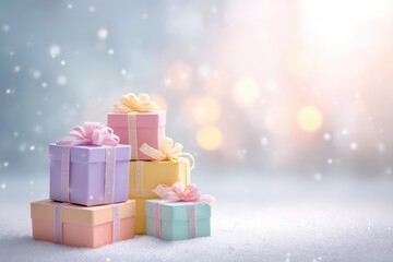 Colorful pastel gift boxes in the lower left corner, with a soft, snowy background fading to white, exuding a warm, cozy holiday vibe