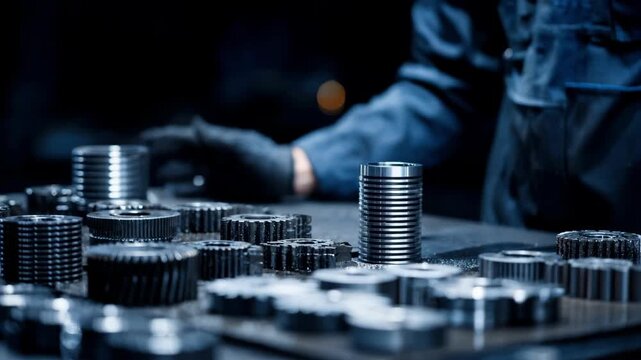 Medium shot focusing on a technician inspecting freshly cast ferrous components emphasizing texture density and metallic hardness differences.