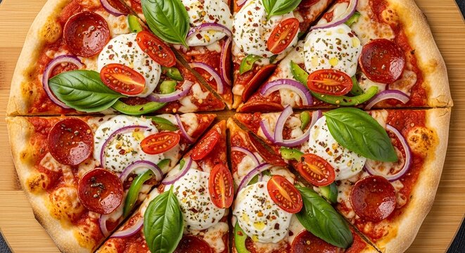 Delicious pepperoni pizza with fresh basil and red onion toppings