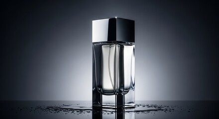 Elegant perfume bottle on reflective surface with dark background for advertising