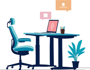 A cozy modern workspace setup featuring an ergonomic chair, a laptop on a desk, decorative plants, and floating chat bubbles symbolizing online communication.