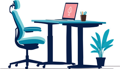 A cozy modern workspace setup featuring a turquoise office chair, a laptop with a microphone icon on the screen, a small plant, and stationery on a sleek desk.