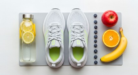 Healthy lifestyle still life running shoes fruit and hydration on gray