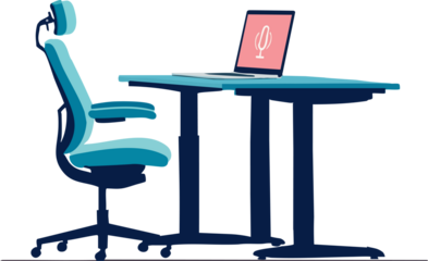 A clean, modern office setup featuring an ergonomic desk chair beside a spacious table holding an open laptop with a pink microphone icon on the screen.
