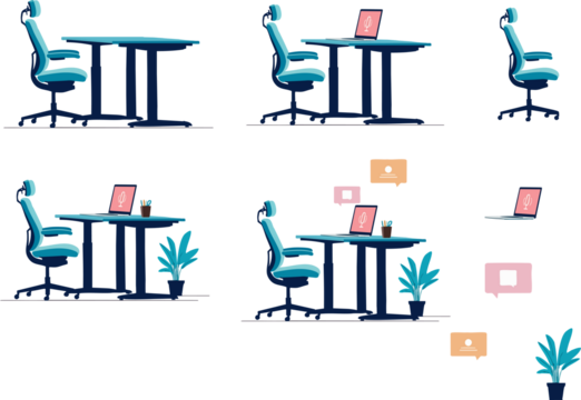 A cozy modern workspace setup shows an empty office chair, a desk with a laptop, houseplants, and floating chat bubbles that create a sense of digital communication and productivity. - Powered by Adobe