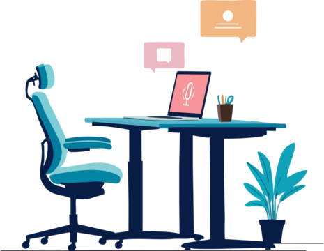 A cozy modern workspace setup featuring an ergonomic chair, a laptop on a desk, decorative plants, and floating chat bubbles symbolizing online communication.