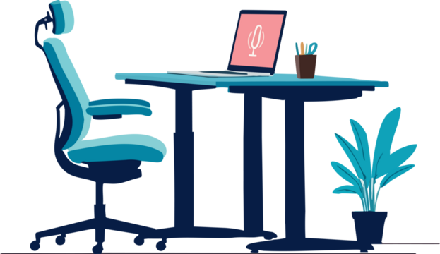 A cozy modern workspace setup featuring a turquoise office chair, a laptop with a microphone icon on the screen, a small plant, and stationery on a sleek desk.