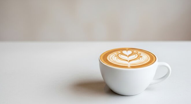 Latte art in white mug on tabletop with neutral background