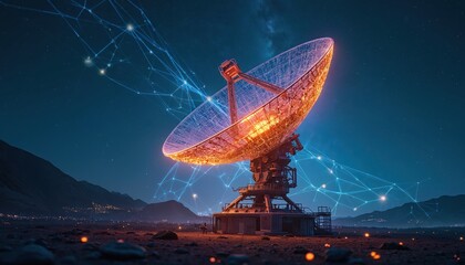 Large satellite dish in desert at night. Illuminated dish surrounded by network lines, starry sky. Mountains, city lights in background. Global communication, connectivity concept. Orange, blue
