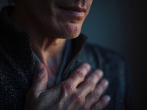 Close-up of a person's hand placed reverently over their heart, signifying deep emotion or empathy