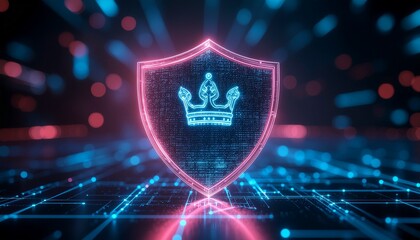 Digital Security Icon: A futuristic illustration depicts a glowing shield and crown, representing data protection and cyber security in the digital realm.