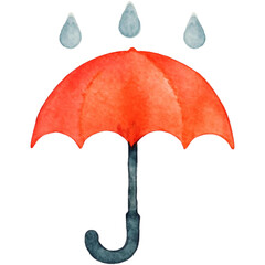 Watercolor Red Umbrella with Falling Raindrops