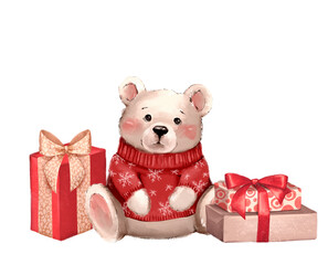 Isolated illustration of a charming hand-drawn teddy bear character wearing a red snowflake sweater, sitting near gift boxes.