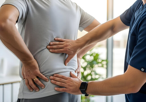 Hands examining man's lower back pain during medical examination doctor patient
