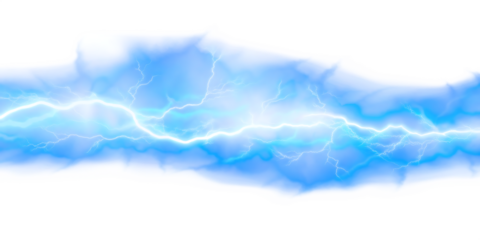 Bright blue lightning bolt with white flashes isolated on a transparent background