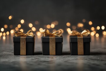 Elegant black gift boxes with gold ribbons at the base, showcased on a deep gradient background with subtle bokeh, exuding a festive, upscale atmosphere