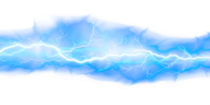 Bright blue lightning bolt with white flashes isolated on a transparent background