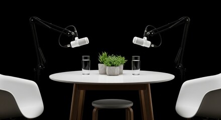 Professional two-person podcast setup ready for an interview on isolated black background