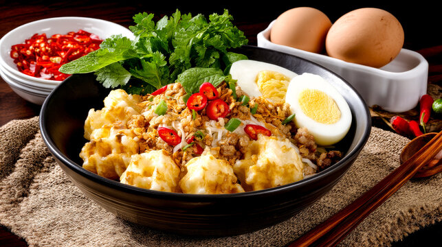 A black bowl of asian mee kati, coconut milk noodles with shrimp, pork, and a boiled egg.