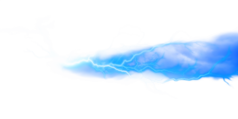Bright blue lightning bolt with white wisps isolated on a transparent background