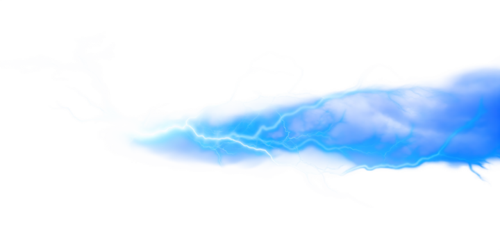 Bright blue lightning bolt with white wisps isolated on a transparent background
