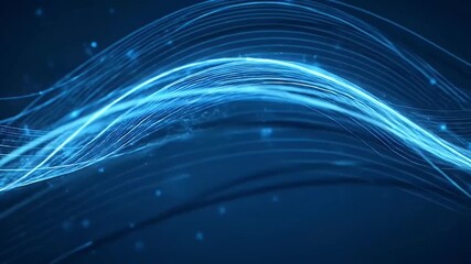 A mesmerizing abstract background features vibrant blue glowing light trails and delicate particles dynamically flowing and converging. These luminous waves create a sense of advanced technology, data