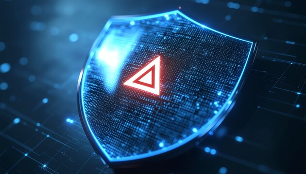 Digital Shield: An emblem of robust digital security, this captivating image portrays a glowing shield adorned with a prominent hazard symbol.