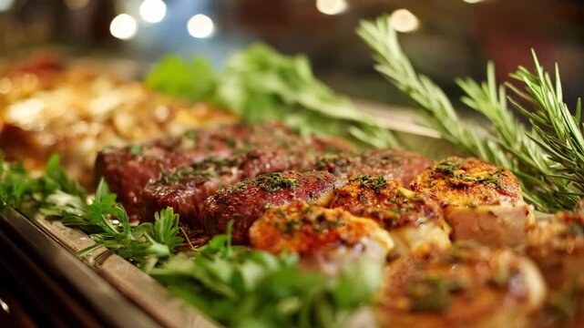Herbinfused marinated meats arranged neatly showcasing fresh rosemary thyme and oregano on juicy cuts in a grocery store section
