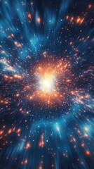 Obraz premium Hyperspace jump through a luminous tunnel, flying past stars at lightspeed with streaking motion, evoking abstract spaceship travel and sci-fi light-speed acceleration.