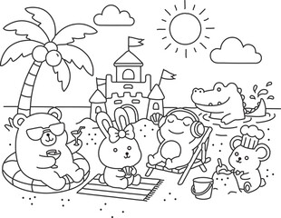 cute cozy animal friends on the beach vector coloring page