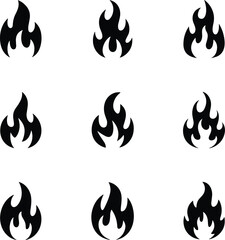Vector Set of Nine Solid Black Fire and Flame Icons, Representing Heat, Energy, Campfire, Danger, Hot, and Burn Symbols for Graphic Design Applications.