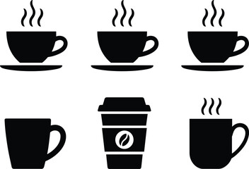 Vector Set of Hot Coffee Cup and Mug Icons in Solid Black Silhouette, Featuring Steaming Mugs and Takeaway Disposable Cups for Cafe and Restaurant Design.