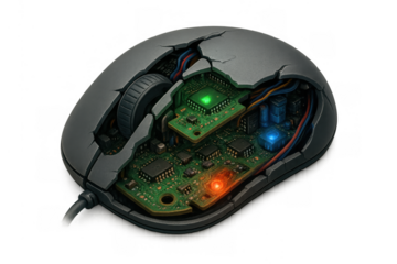 Broken computer mouse revealing internal circuit board, wires, and glowing leds on transparent background