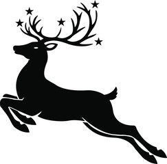 Elegant black reindeer silhouette leaping with stars on antlers