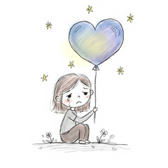 A Little Girl Holding a Heart Balloon, Sad and Lonely Doodle Drawing