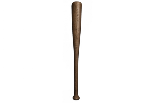 Classic wooden baseball bat ready for use in game play or sports activities, showing a rustic textured surface. Transparent background