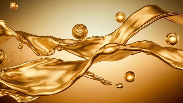 A mesmerizing, abstract display of golden liquid splashes and elegant fluid forms against a warm, gradient background. Shimmering droplets and reflective spheres dance dynamically within the opulent f