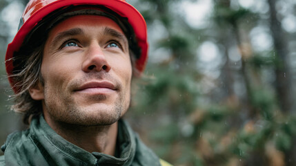 Forest firefighter in red helmet and green suit amidst lush woodland background