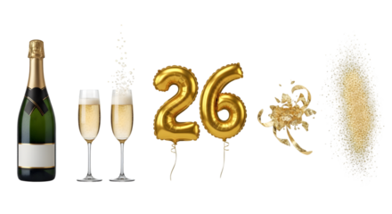 Celebration montage with champagne, flutes, and gold "26" numerals for party, anniversary, and milestone visuals

