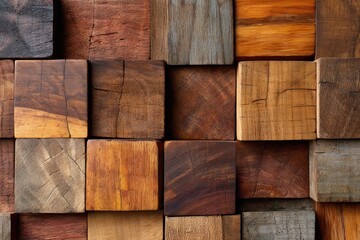 Rustic Wood Cube Texture: A captivating close-up showcases a collection of meticulously arranged wooden cubes, each displaying unique grain patterns, tones, and textures.