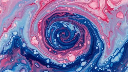 A mesmerizing abstract fluid art background featuring vibrant pink, deep blue, and soft white liquid paints swirling and merging in a hypnotic spiral. The dynamic mixture creates an ethereal, cosmic p - Powered by Adobe