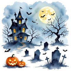 Halloween background with pumpkins, cemetery and bats