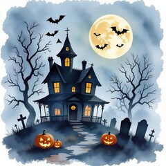 Halloween background with pumpkins, cemetery and bats