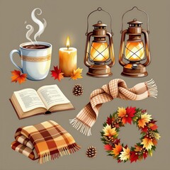 winter clothes and accessories. Knitted mittens, scarf, hat, mittens, coffee cup, lamp, candle, woolen socks.