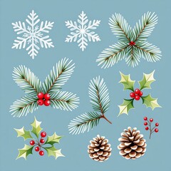 Christmas set with poinsettia, pine cones, holly berry and fir branches. 